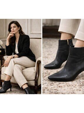 Louise et Cie Lorenci Black Leather Ankle Boots Women’s 7.5M/38 Kitten Heel Zip